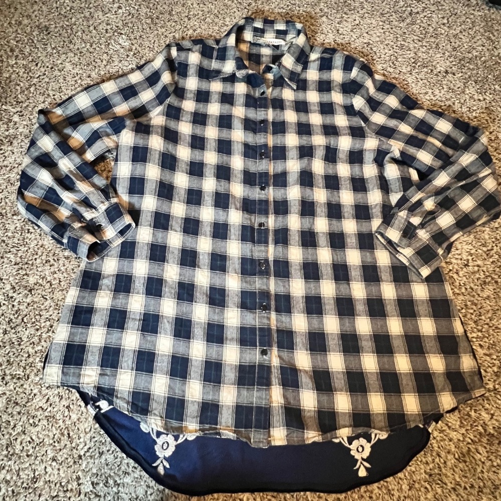 Paparazzi Women Blue Plaid Embroidered Velvet Back Tunic Shirt XL Long Sleeve